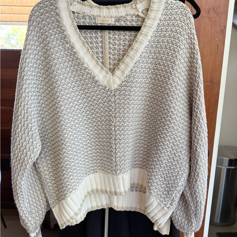 Ramy Brook V-Neck Sweater in Cream and Gray